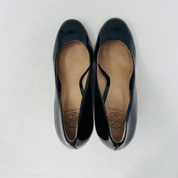 Tory Burch Black Patent Leather Wedge Heels Size 7 Logo Detail - Picture 7 of 14